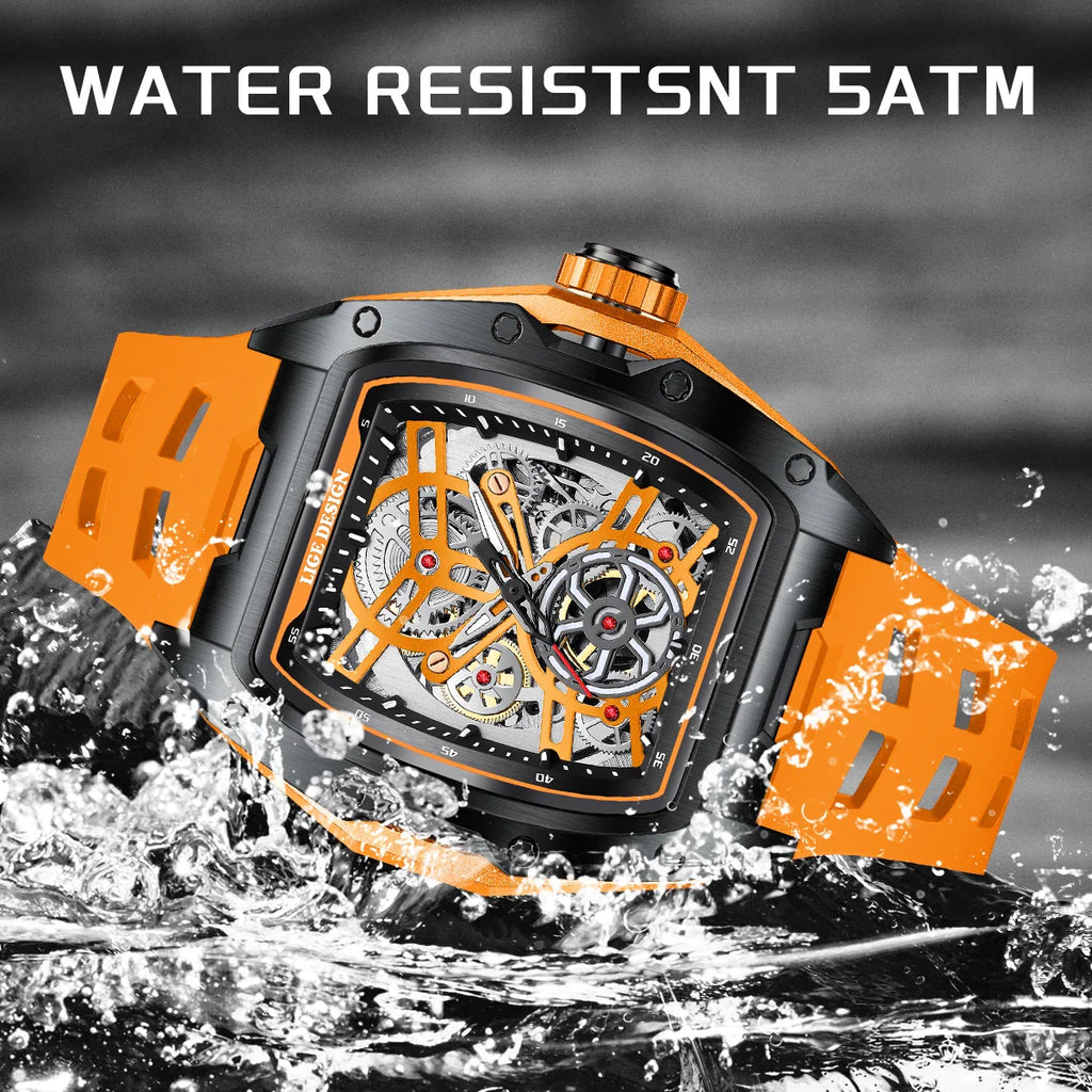 LIGE New Watches Mens Skeleton Mechanical Automatic Watch Top Brand Luxury Luminous 30M Waterproof Watch For Men reloj hombre