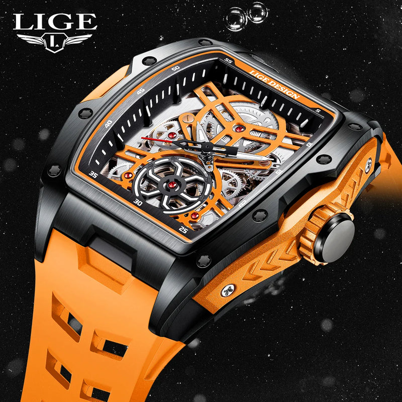 LIGE New Watches Mens Skeleton Mechanical Automatic Watch Top Brand Luxury Luminous 30M Waterproof Watch For Men reloj hombre