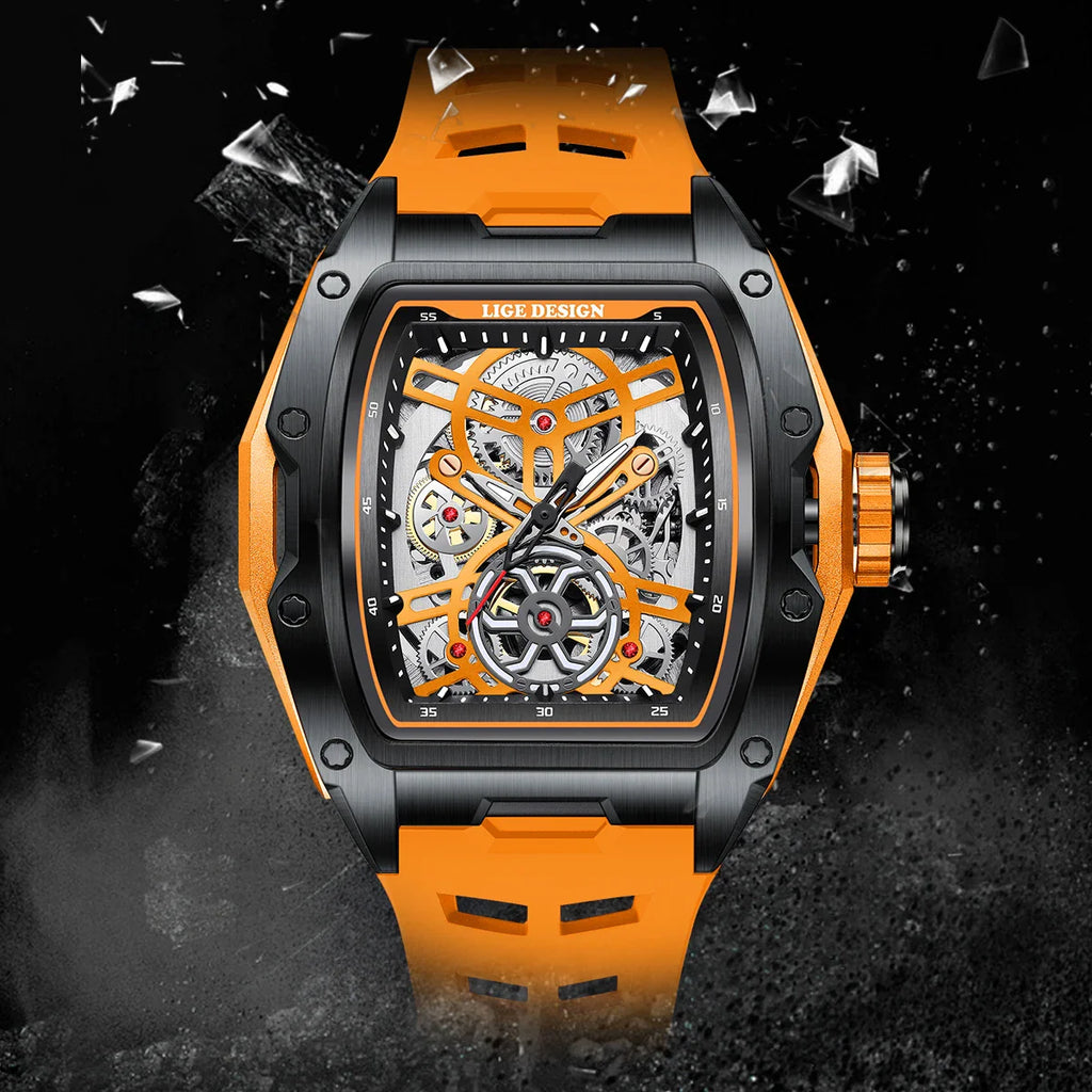 LIGE New Watches Mens Skeleton Mechanical Automatic Watch Top Brand Luxury Luminous 30M Waterproof Watch For Men reloj hombre