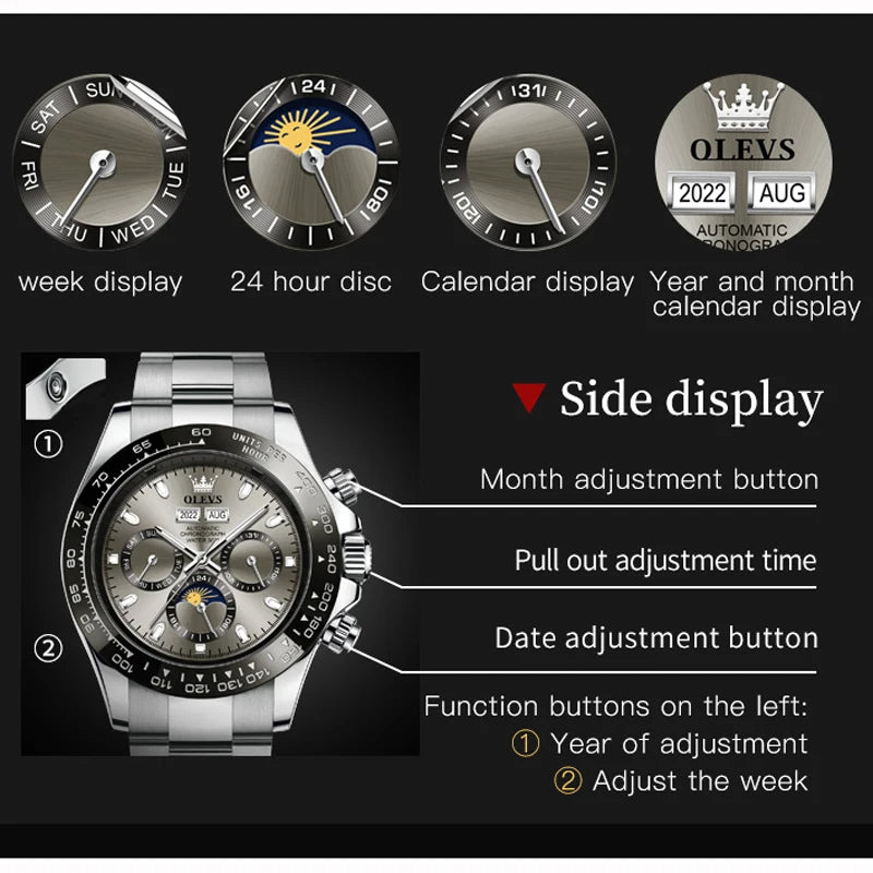 6654 Luxury Mens Watch Chronograph Automatic Mechanical Wristwatch Waterproof Luminous Top Brand Watch for Man Date Sport